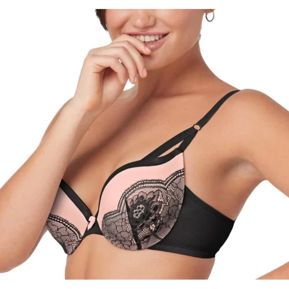 MAIDENFORM 34B Push Up Lace Plunge Underwire Bra Love the Lift 9900 Black Peach